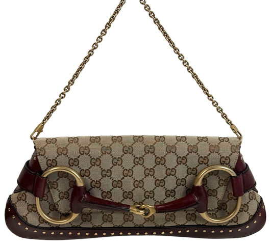 Gucci Vintage Brown GG Monogram Burgundy Studded Leather Trim Horsebit Large Chain Shoulder Clutch Bag
