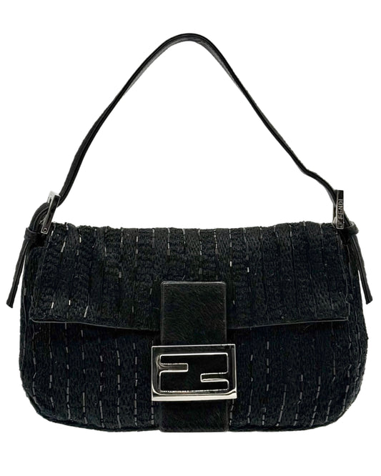 Fendi Vintage Black Knit Silver Beaded Shoulder Baguette Bag w Black Pony Hair Trim