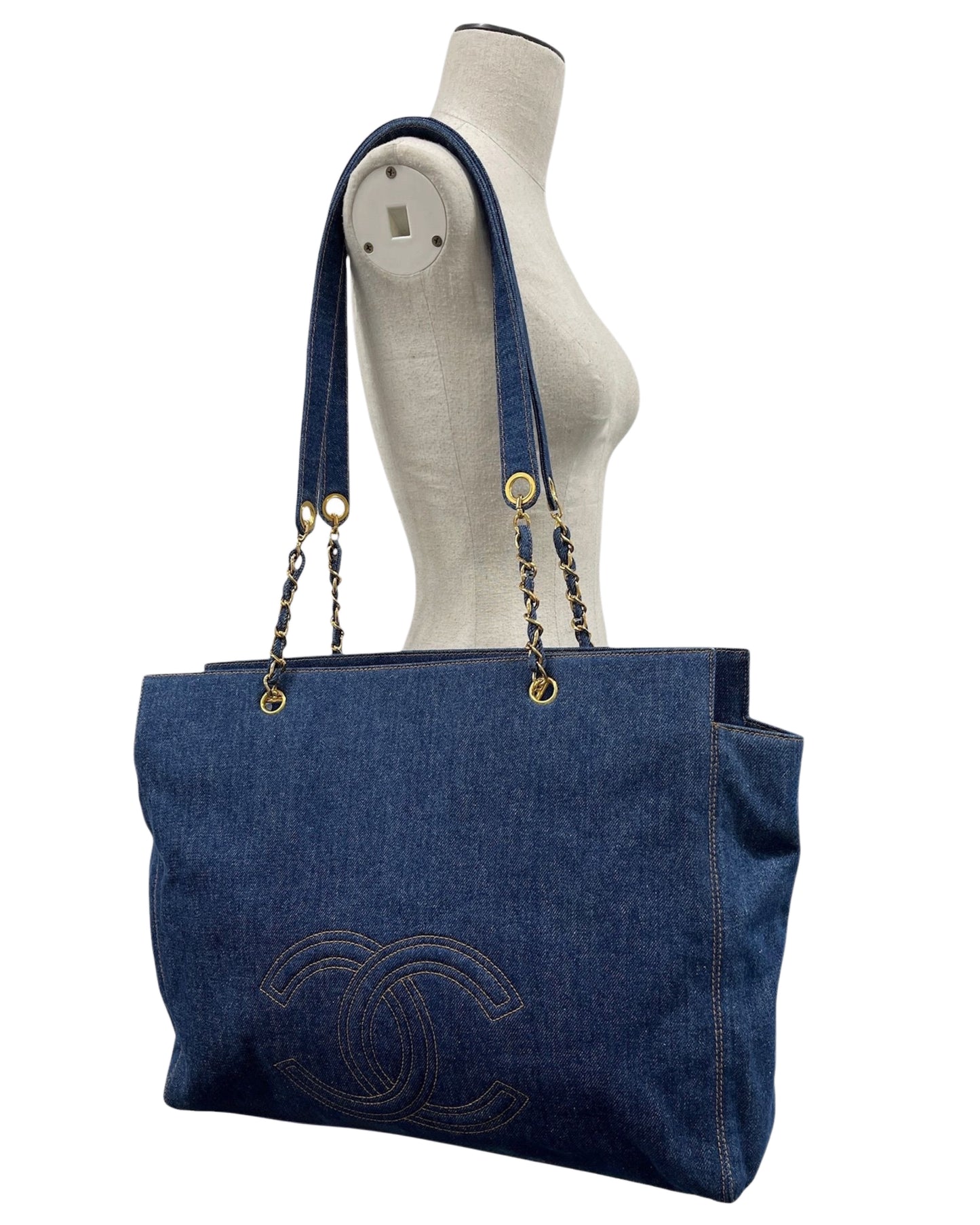 Chanel Vintage 90s Blue Denim CC XL Shoulder Tote Bag