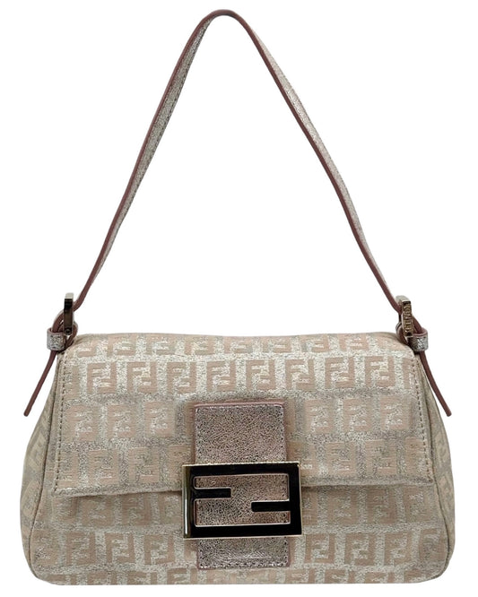 Fendi Vintage Light Pink Metallic Silver Glitter Zucchino Zucca Monogram Mini Mamma Baguette Shoulder Bag