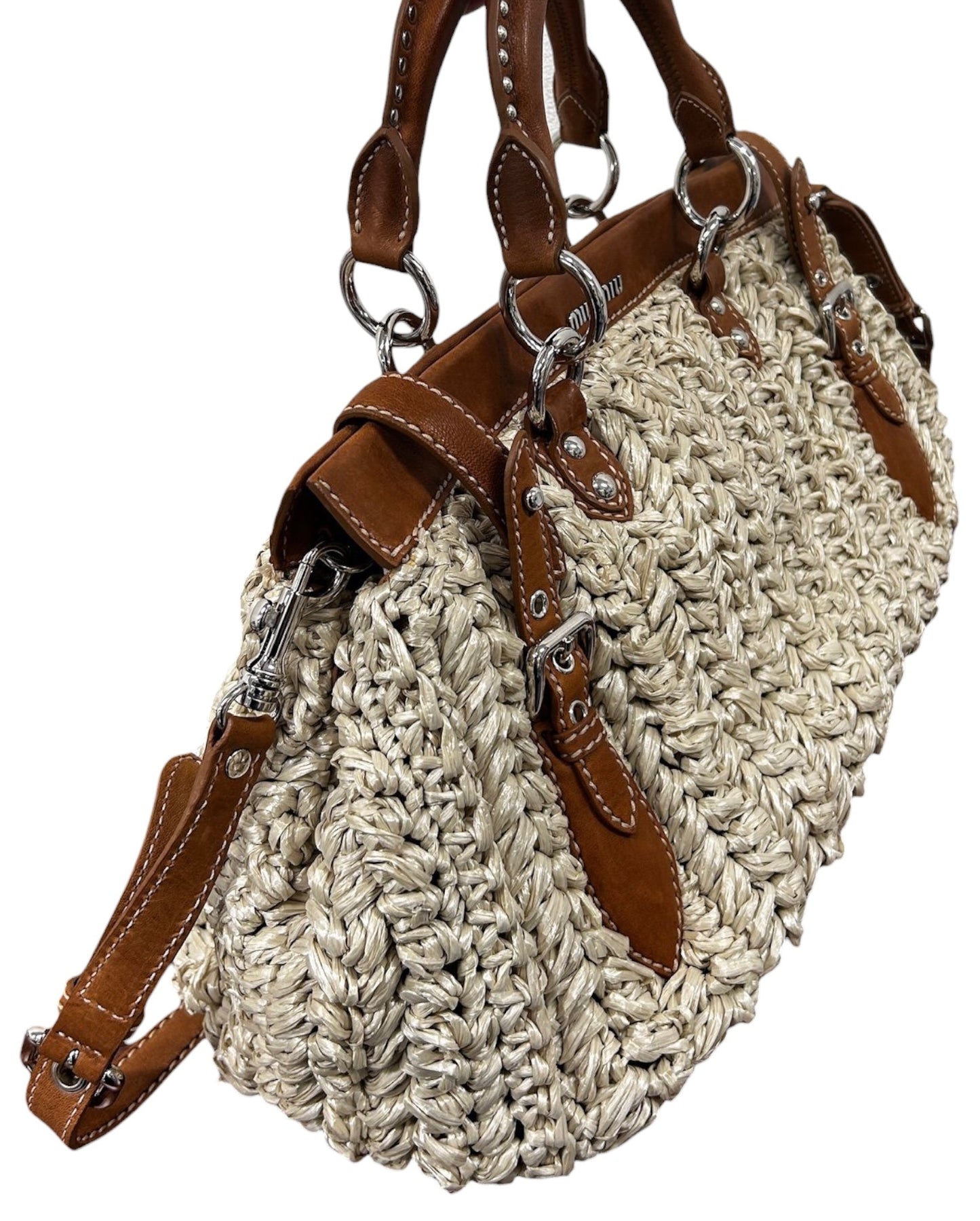 Miu Miu Vintage Beige Woven Raffia Brown Leather Trim Two-Way Shoulder Bag