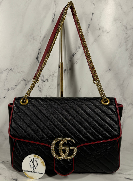 Gucci Vintage Effect Black & Romantic Cherry Calfskin Matelasse Diagonal Large Torchon GG Marmont Shoulder Bag