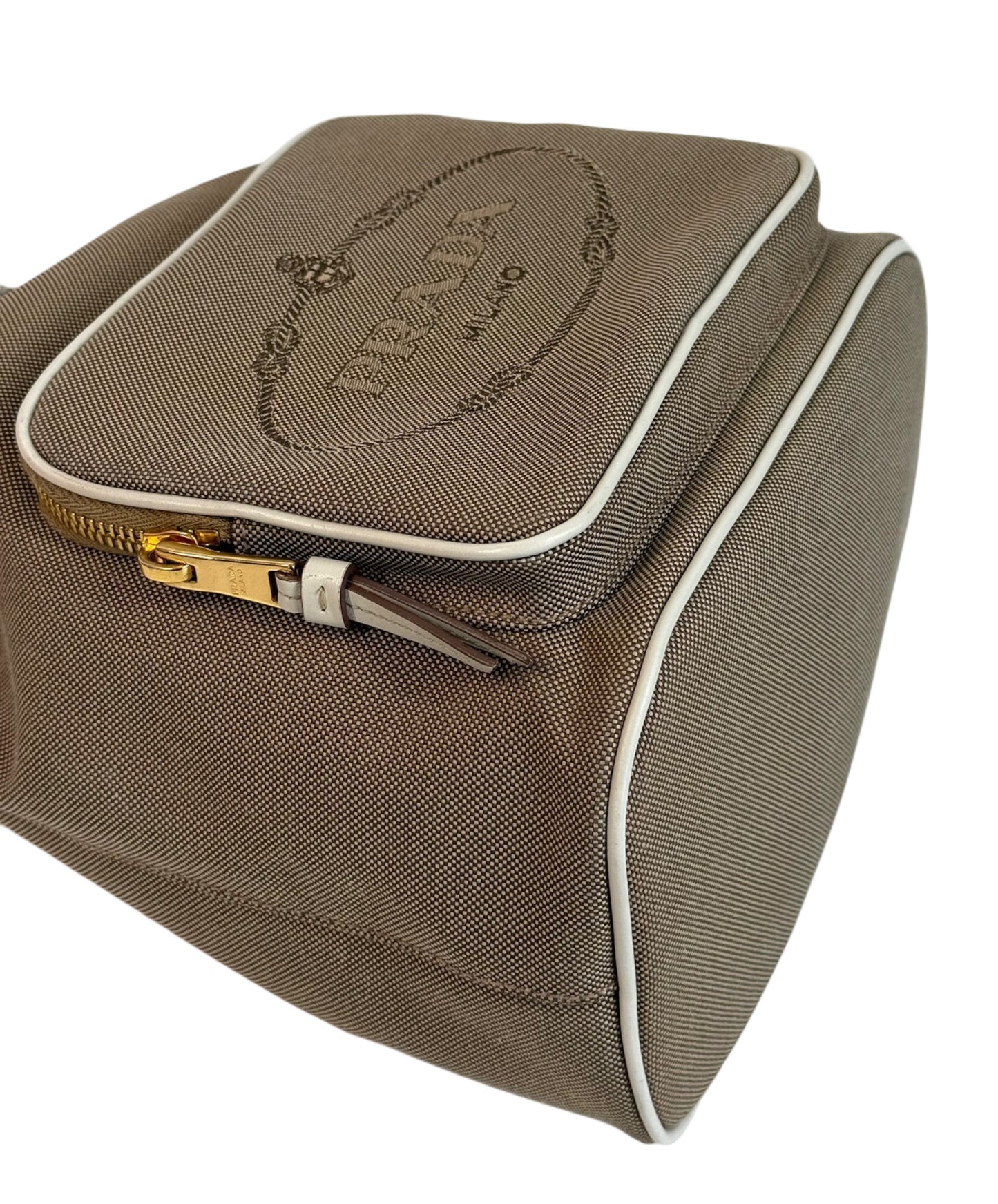 Prada Vintage Beige Jacquard Canapa Canvas Small Drawstring Bucket Shoulder Bag w Ivory Leather Trim