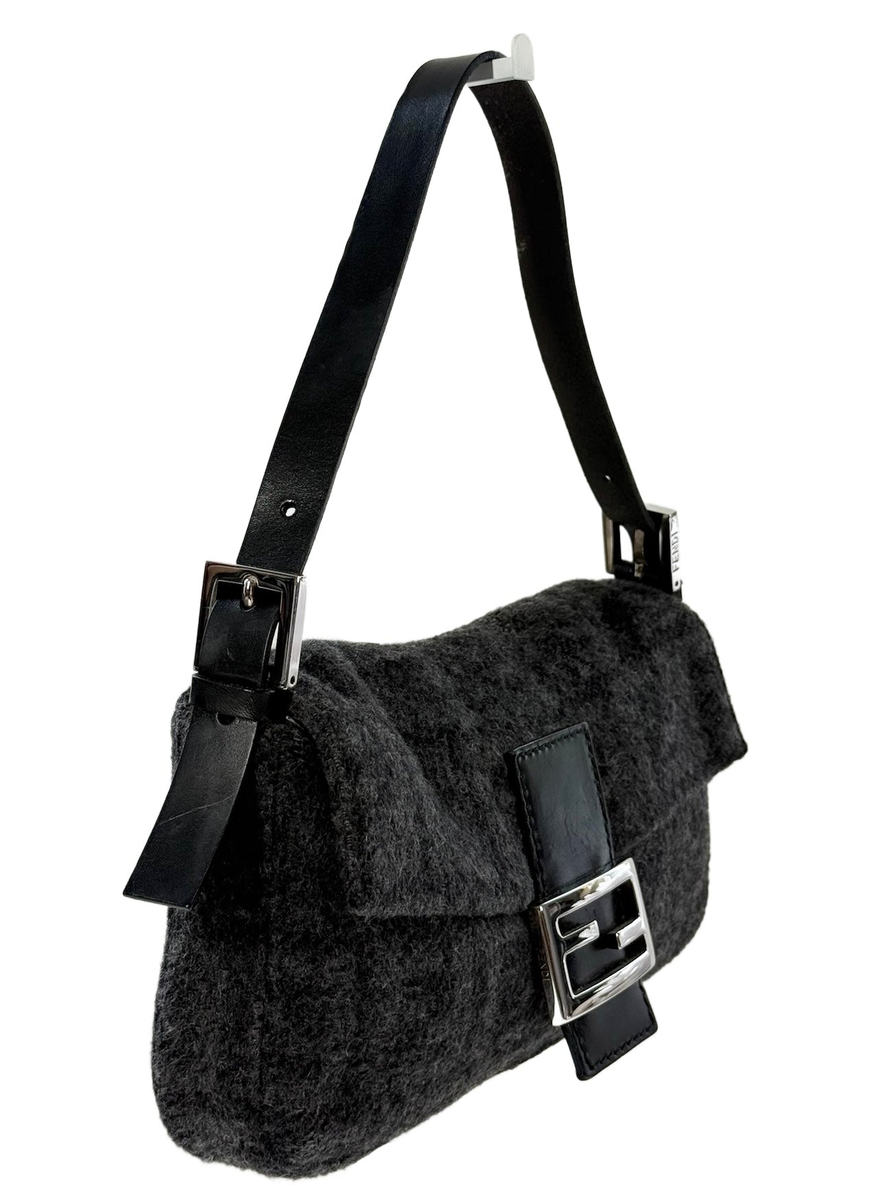 Fendi Vintage Gray Black Zucca Monogram Knit Wool Shoulder Baguette Bag