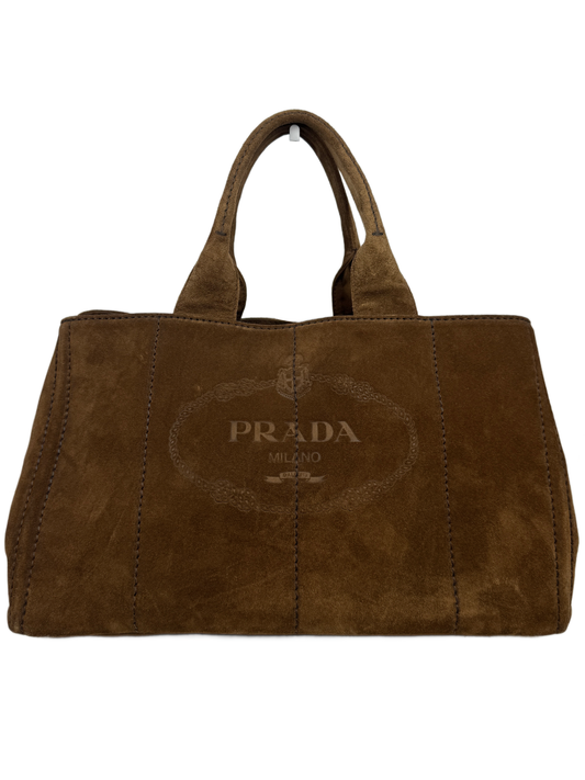 Prada Vintage Brown Scamosciato Embossed Logo Suede Large Canapa Tote Bag