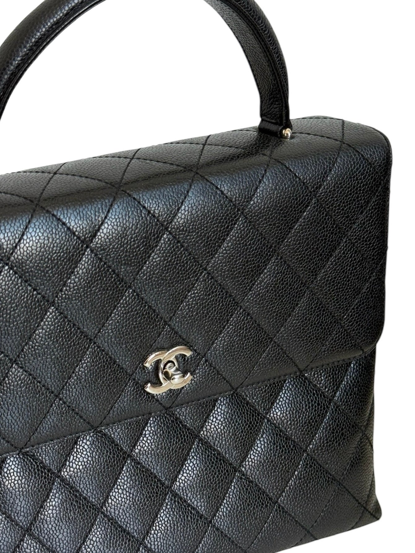 Chanel Vintage 00s Black Quilted Caviar Large Kelly Top Handle Flap Bag with Silver Hardware