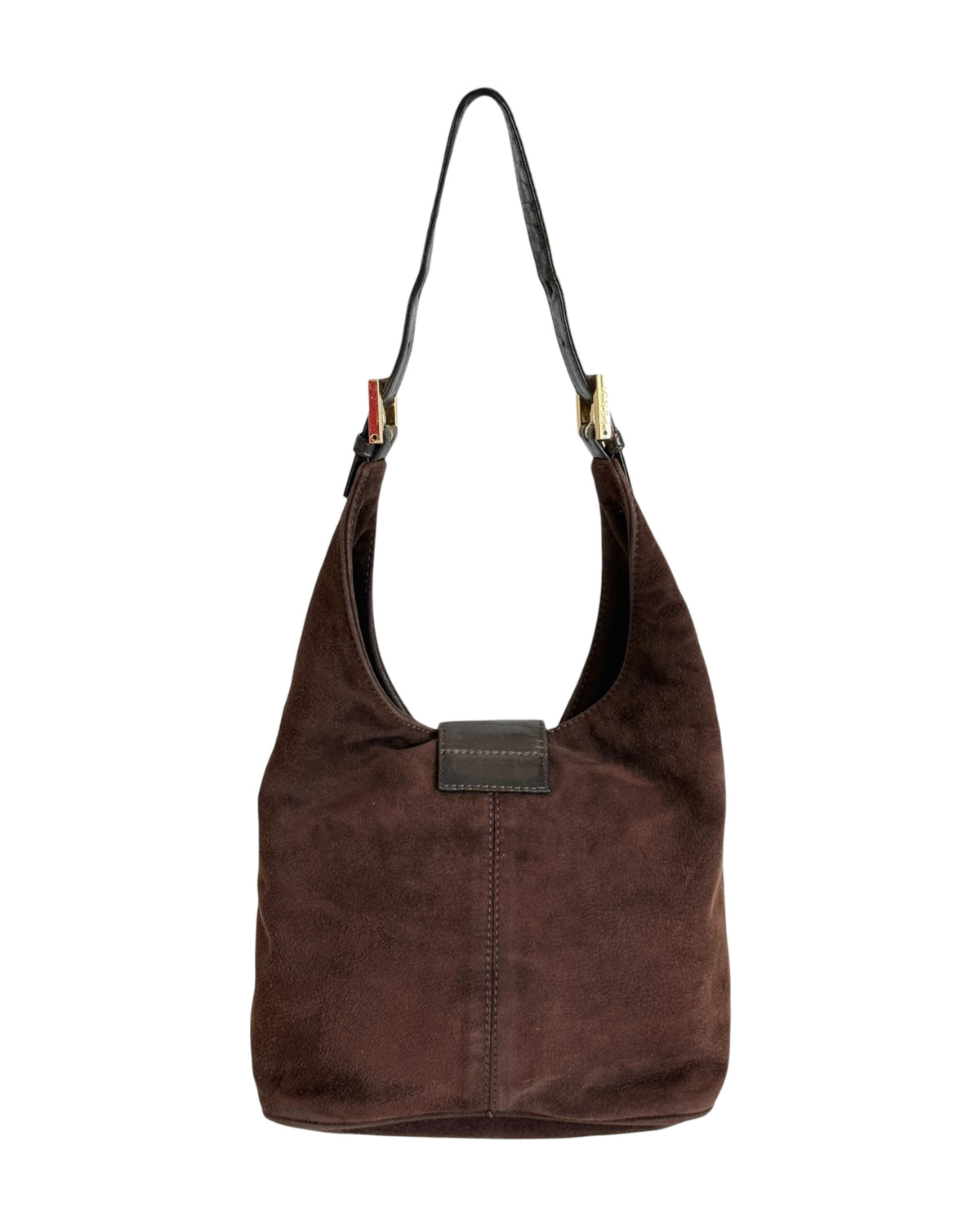 Fendi Vintage Brown Suede Hobo Bucket Shoulder Baguette Bag with Purple Glitter Logo