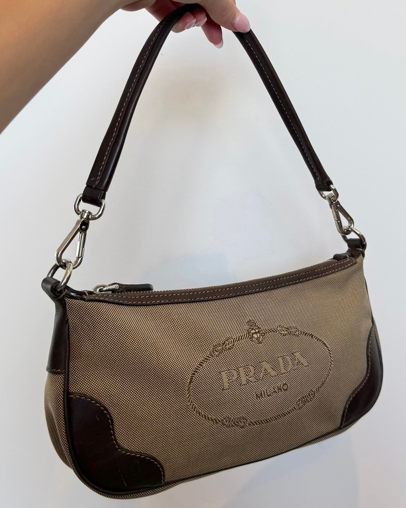 Prada Beige Jacquard Canapa Canvas Shoulder Pochette Bag
