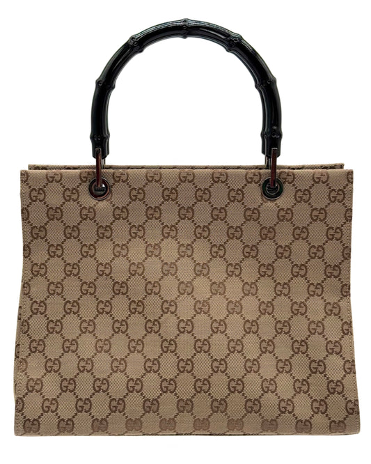 Gucci Vintage Brown GG Monogram Square Bamboo Top Handle Bag