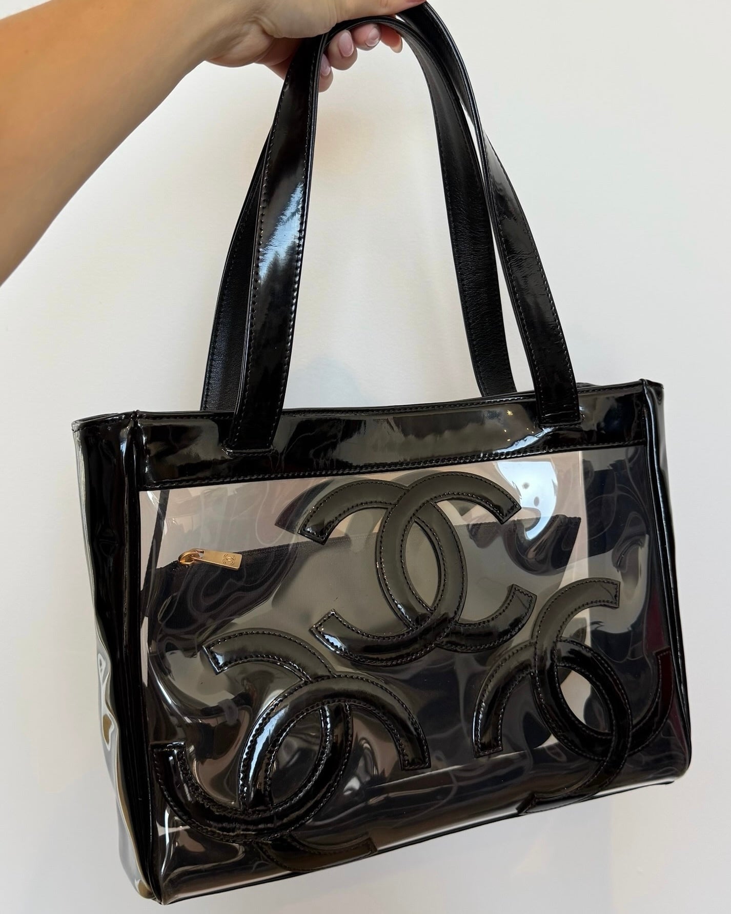 Chanel Vintage 00s Black Patent Leather PVC Triple CC Small Tote Shoulder Bag w Pouch