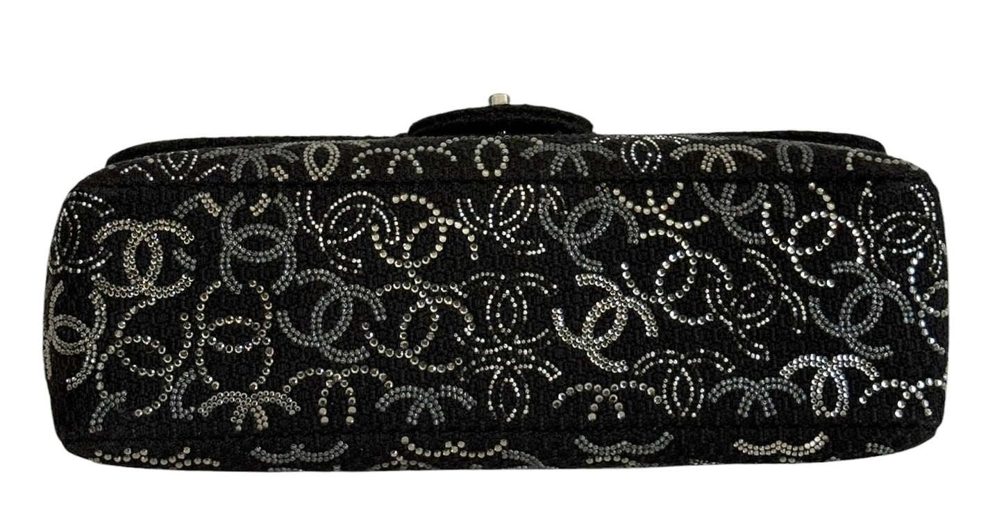 Chanel Vintage Paris-Shanghai Pudong Strass Black Tweed and Crystal CC Logo Jumbo Classic Flap Bag