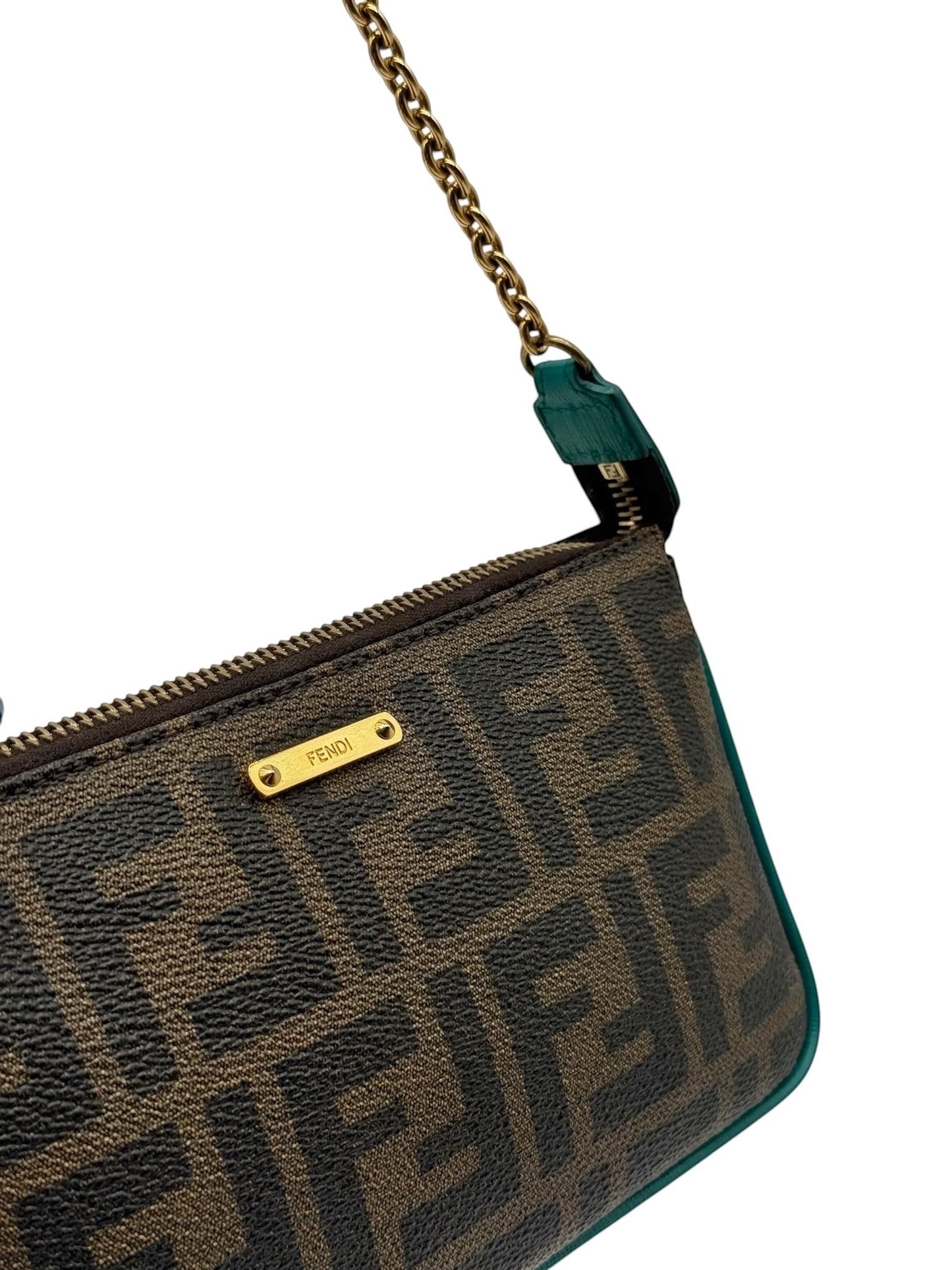 Fendi Vintage Brown Zucca Monogram Turquoise Trim Mini Pochette Chain Bag