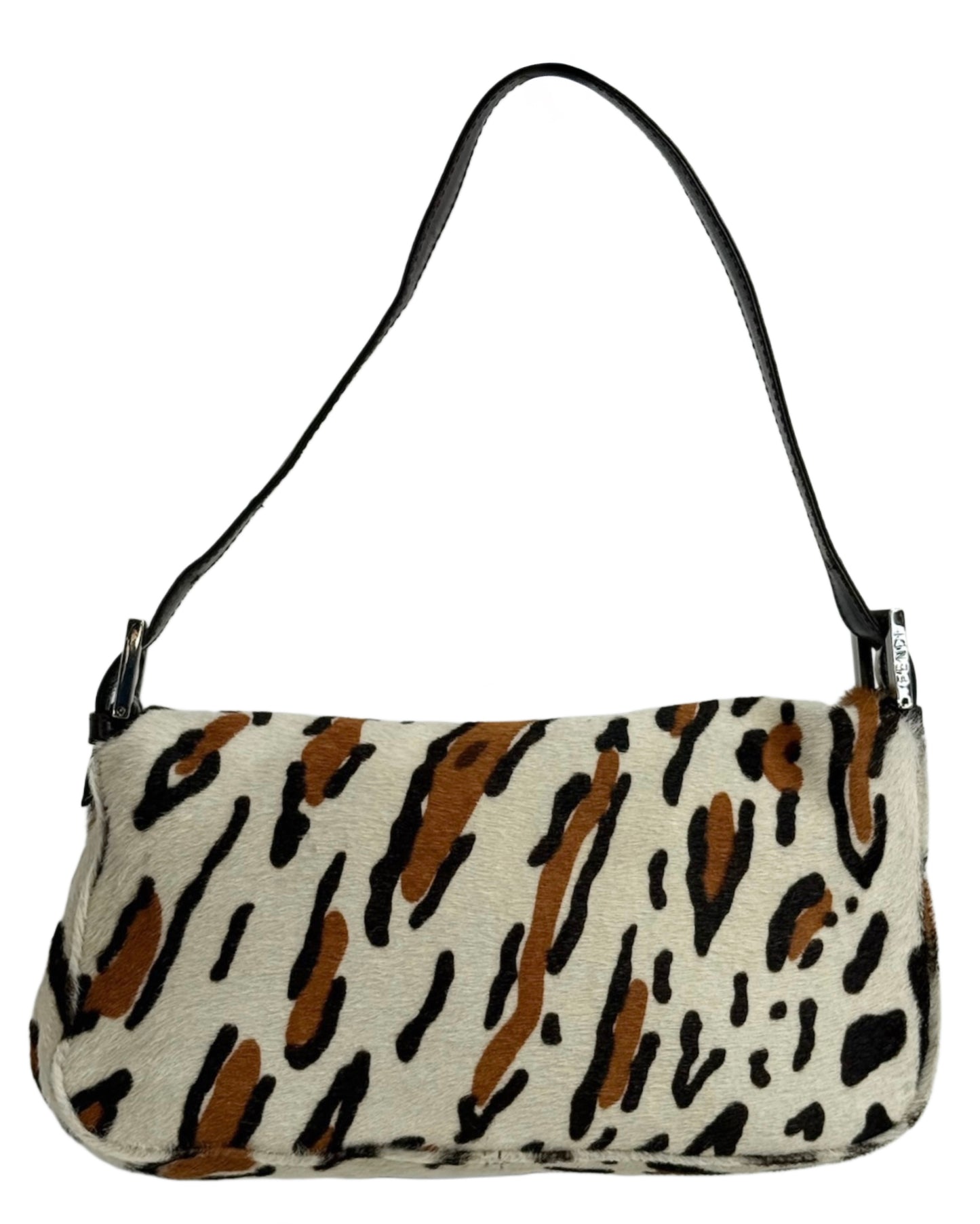 Fendi Vintage White & Brown Leopard Print Pony Hair Shoulder Baguette Bag