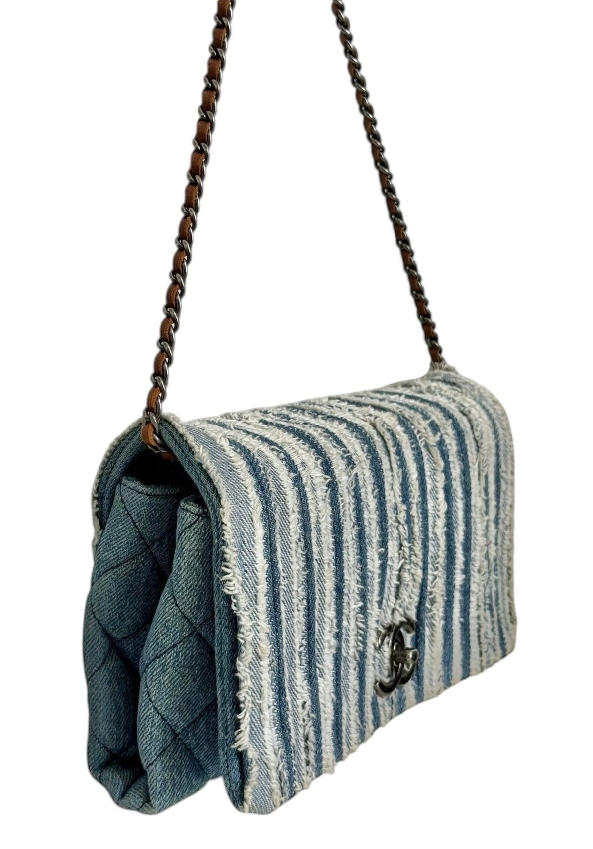 Chanel Blue Striped Denim Fringe Trim Full Flap Shoulder Crossbody Bag 
