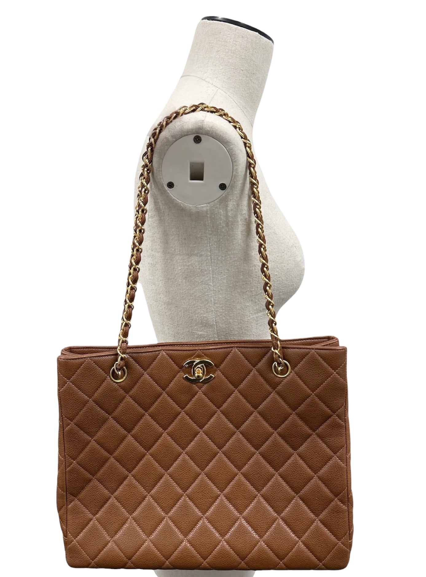 Chanel Vintage 90s Light Brown Quilted Caviar Classic Turnlock Shoulder Tote Bag with 24K Gold Plated Hardware