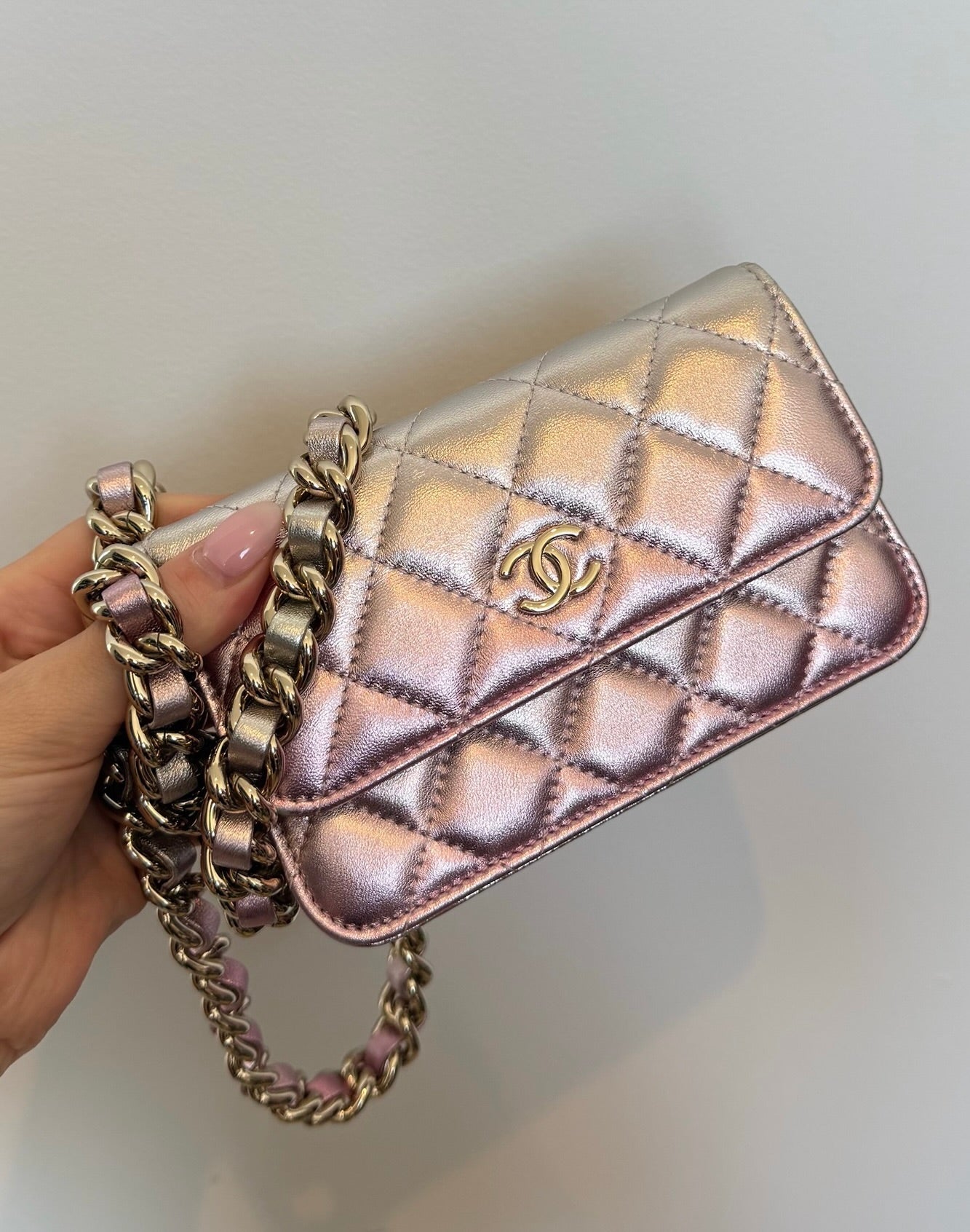 Chanel 2021 Metallic Pink & Silver Quilted Lambskin Coco Punk Clutch with Chain Mini Bag