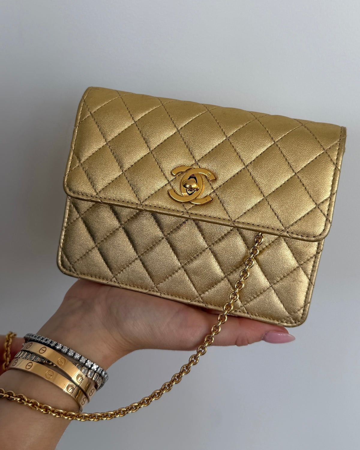 Chanel Vintage 90’s Metallic Gold Quilted Lambskin Micro Mini Square Flap Bag with 24K GPHW