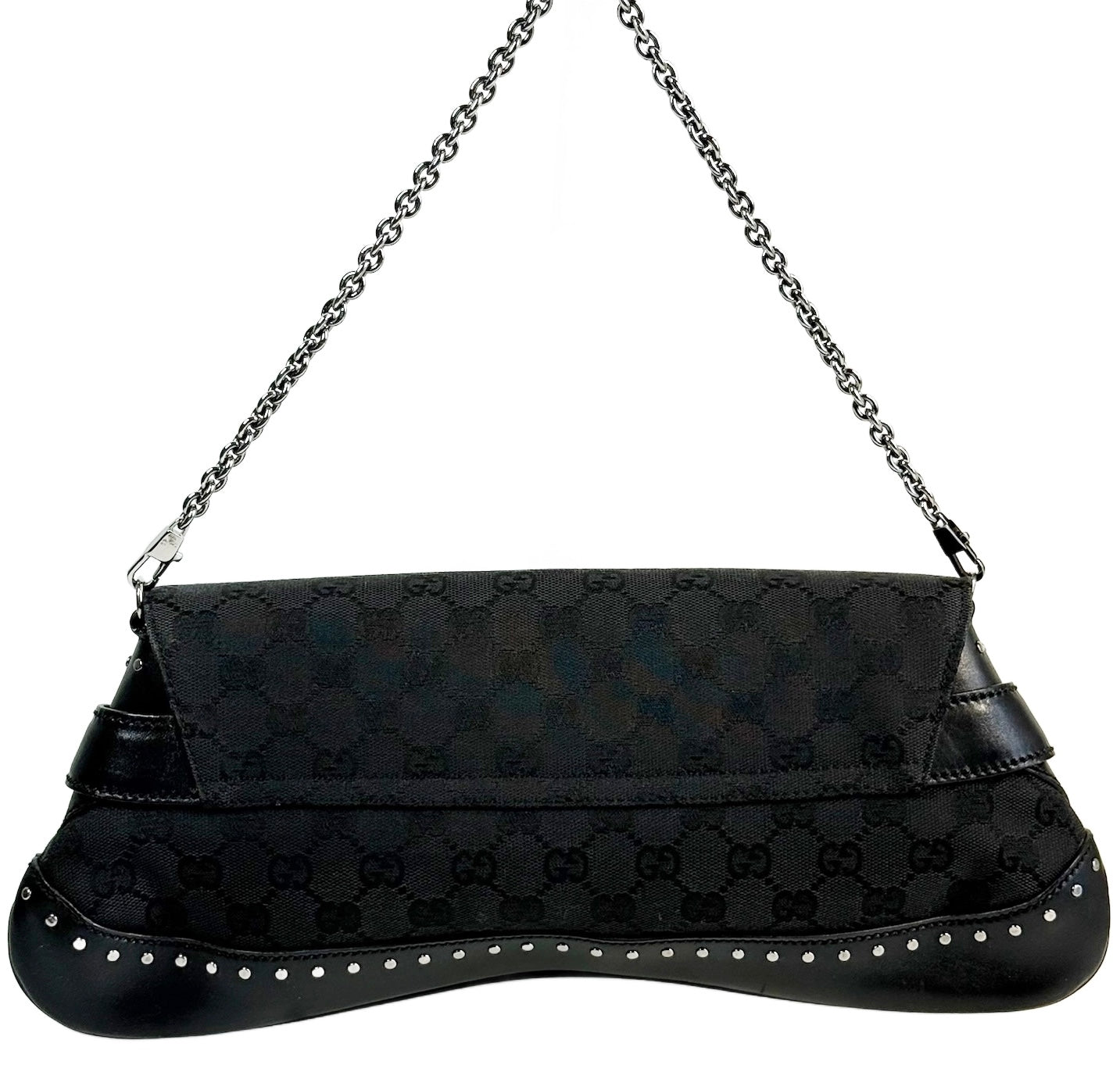 Gucci Vintage Black GG Monogram Large Horsebit Shoulder Clutch Pochette Bag