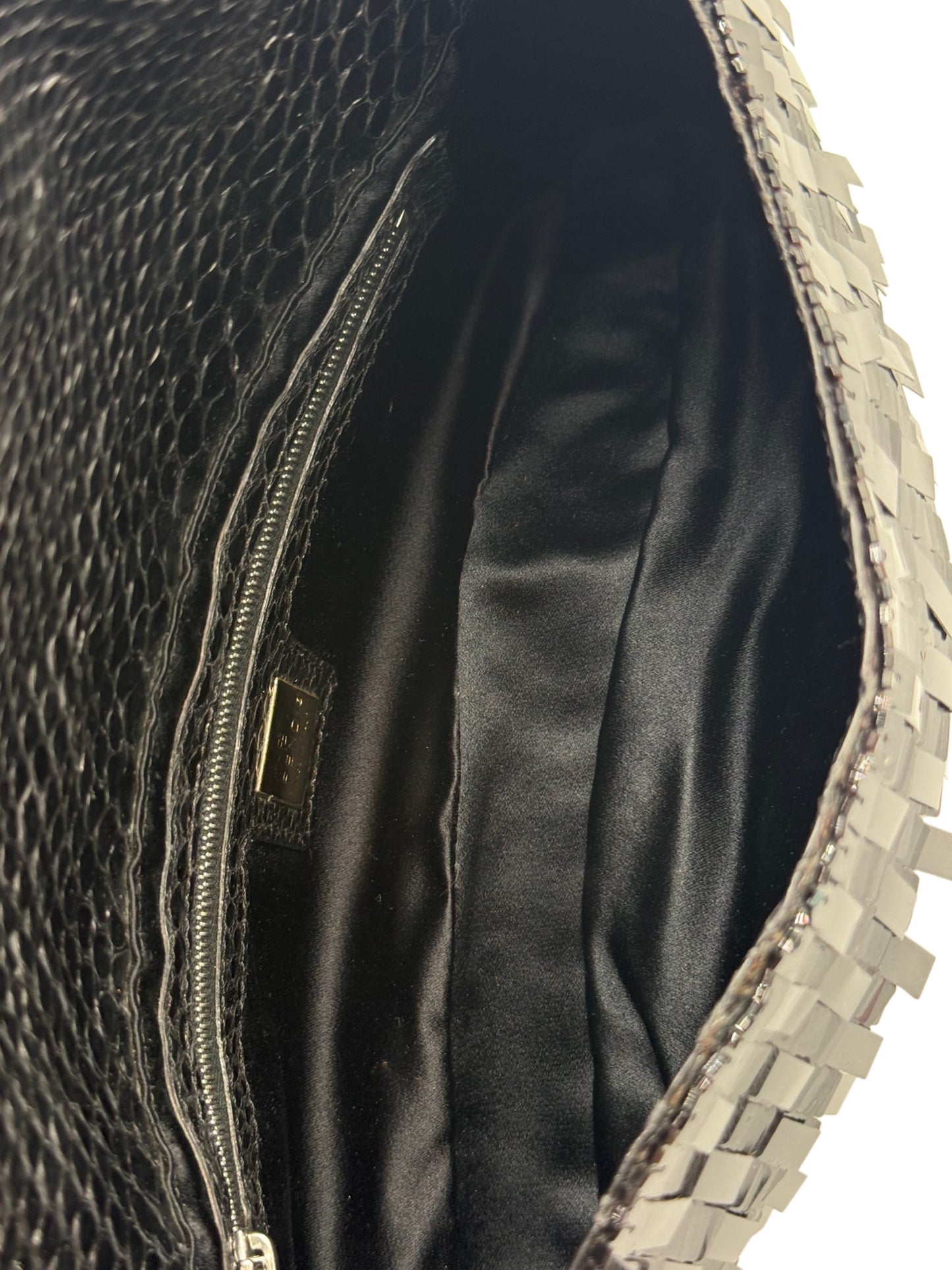 Fendi Vintage Black Palilettes Sequin & Beaded Shoulder Baguette Bag with Snakeskin Trim