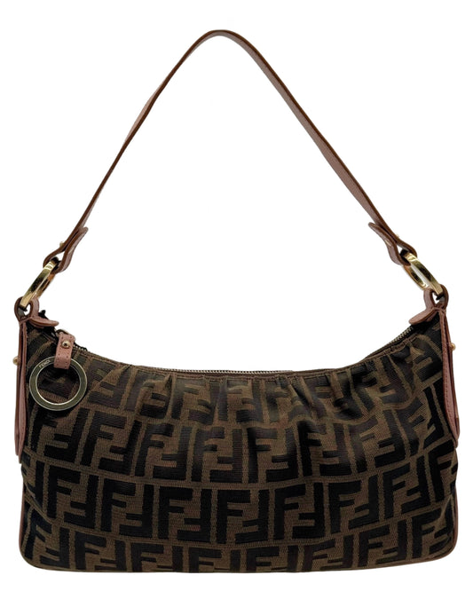 Fendi Vintage Brown Zucca Monogram O Ring Large Pochette Shoulder Bag w Mauve Pink Leather Trim