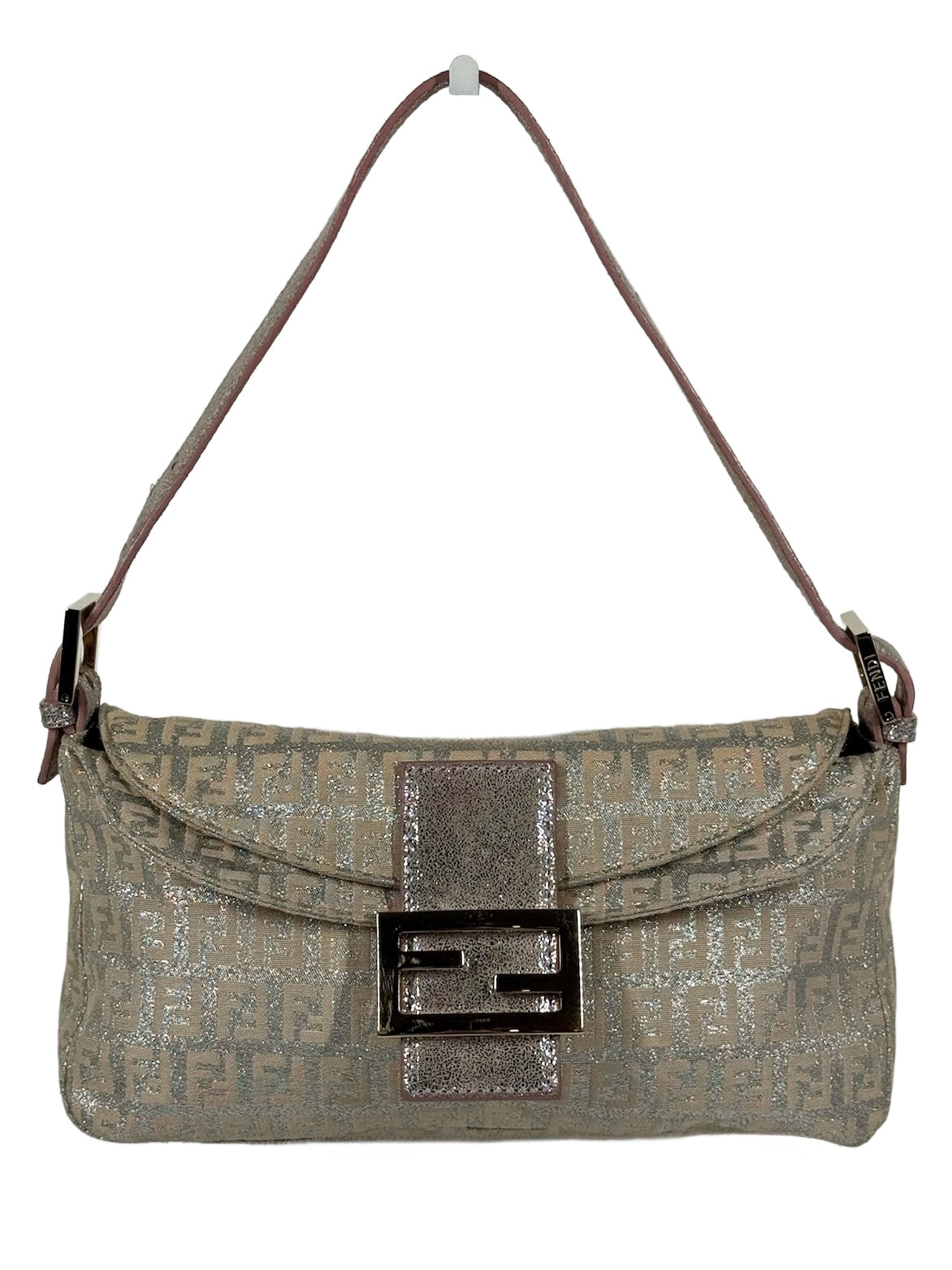 Fendi Vintage Light Pink Metallic Silver Glitter Zucca Monogram Double Flap Shoulder Baguette Bag