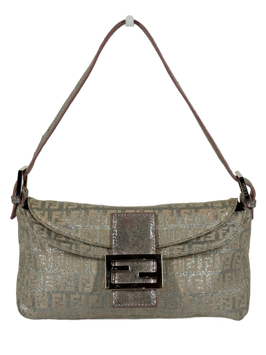 Fendi Vintage Light Pink Metallic Silver Glitter Zucca Monogram Double Flap Shoulder Baguette Bag