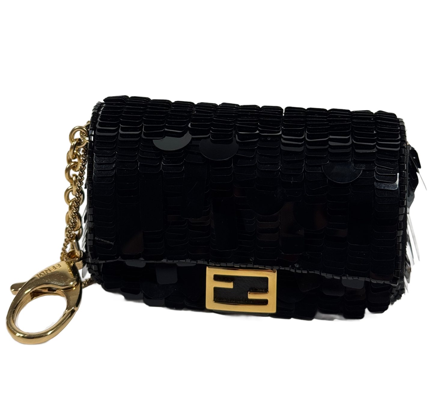 Fendi Black Shiny Sequin Paillettes Nappa Sex and the City Nano Baguette Crossbody Bag and Belt Charm