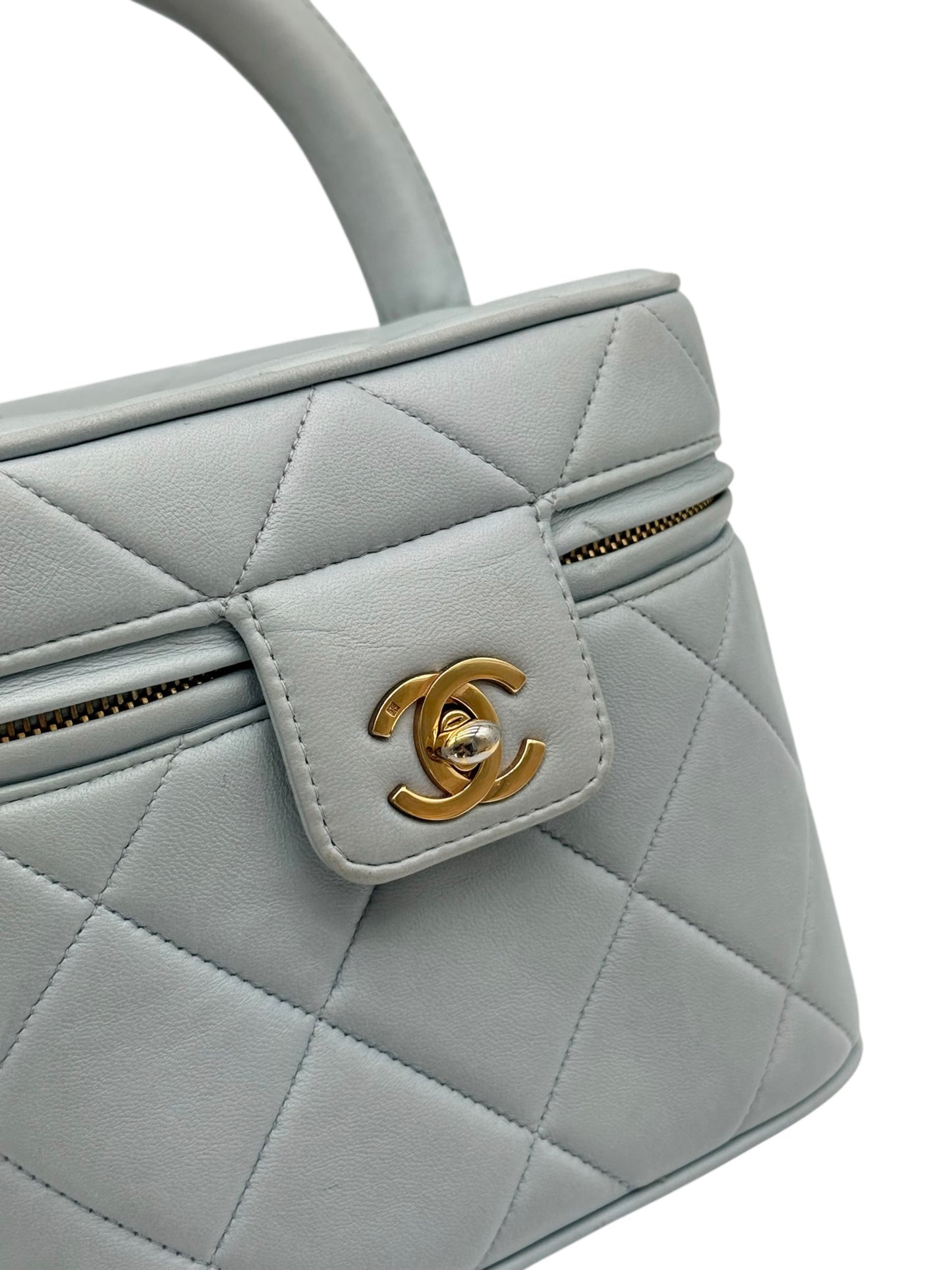 Chanel Vintage 90s Baby Blue Quilted Lambskin Top Handle Vanity Bag w 24K GPHW