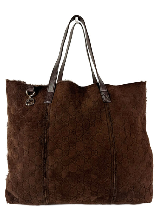 Gucci Vintage Dark Brown GG Monogram Micro Suede Sherpa Trim Tote w Pouch