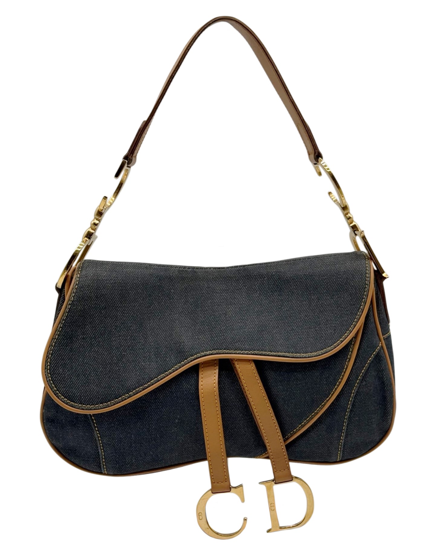 Dior Vintage 2001 Blue Denim Double Saddle Bag