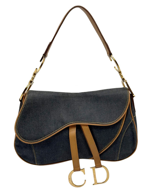 Dior Vintage 2001 Blue Denim Double Saddle Bag