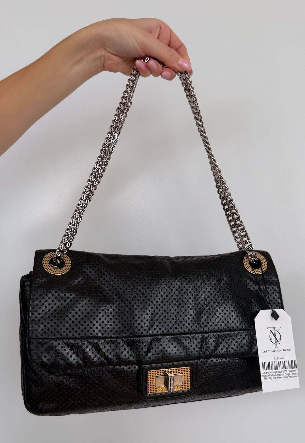 Chanel Vintage 2008-2009 Black Perforated Calfskin Medium Single Reissue Flap Bag with Mixed Metal Hardware