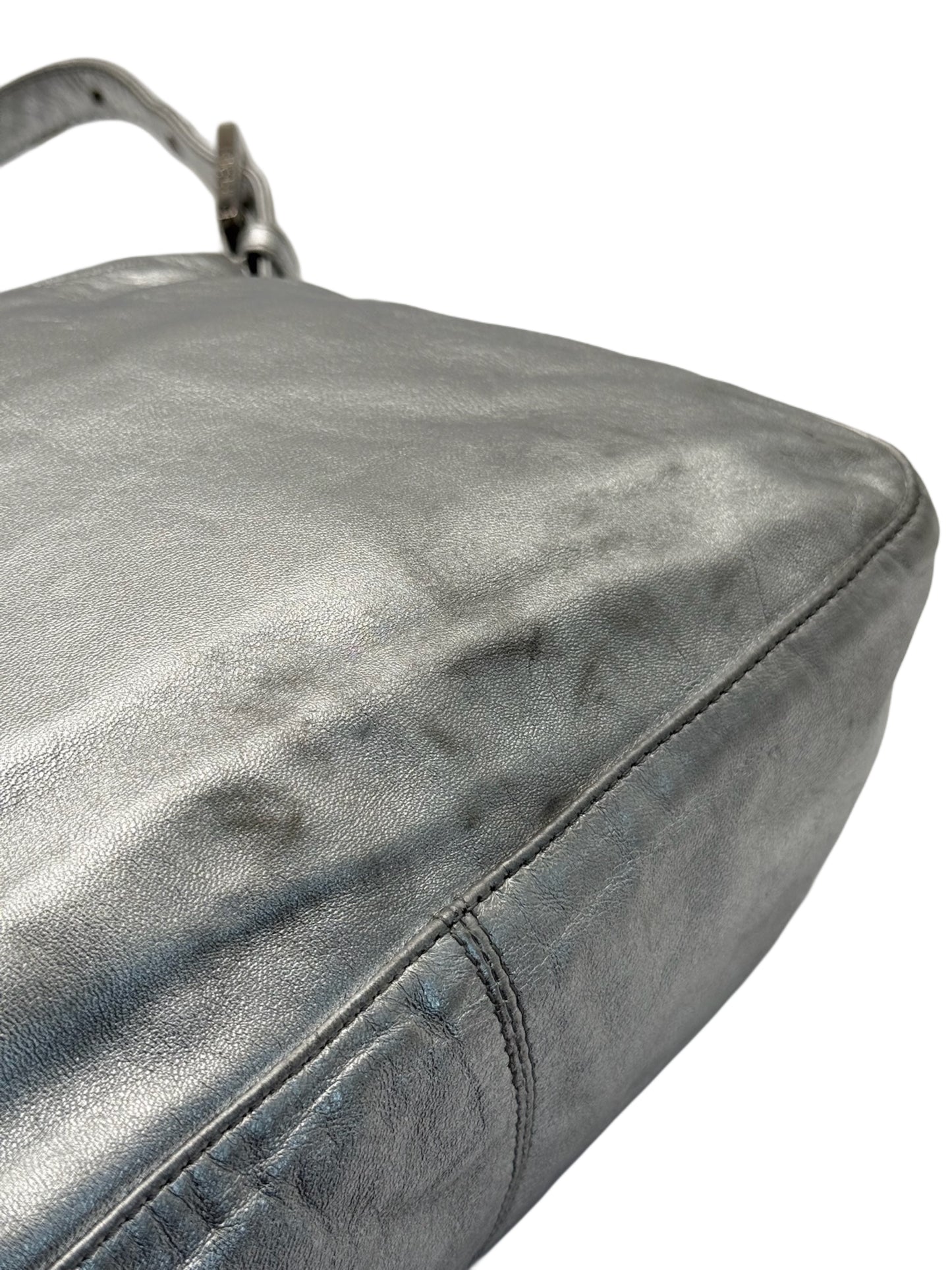 Fendi Vintage Metallic Silver Lambskin Leather Crystal Logo Mamma Shoulder Baguette Bag