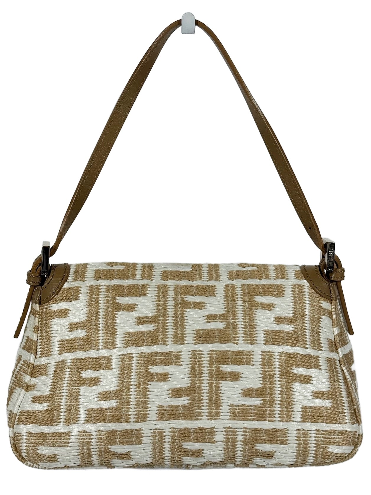 Fendi Beige & White Raffia Zucca Monogram Mini Mamma Baguette