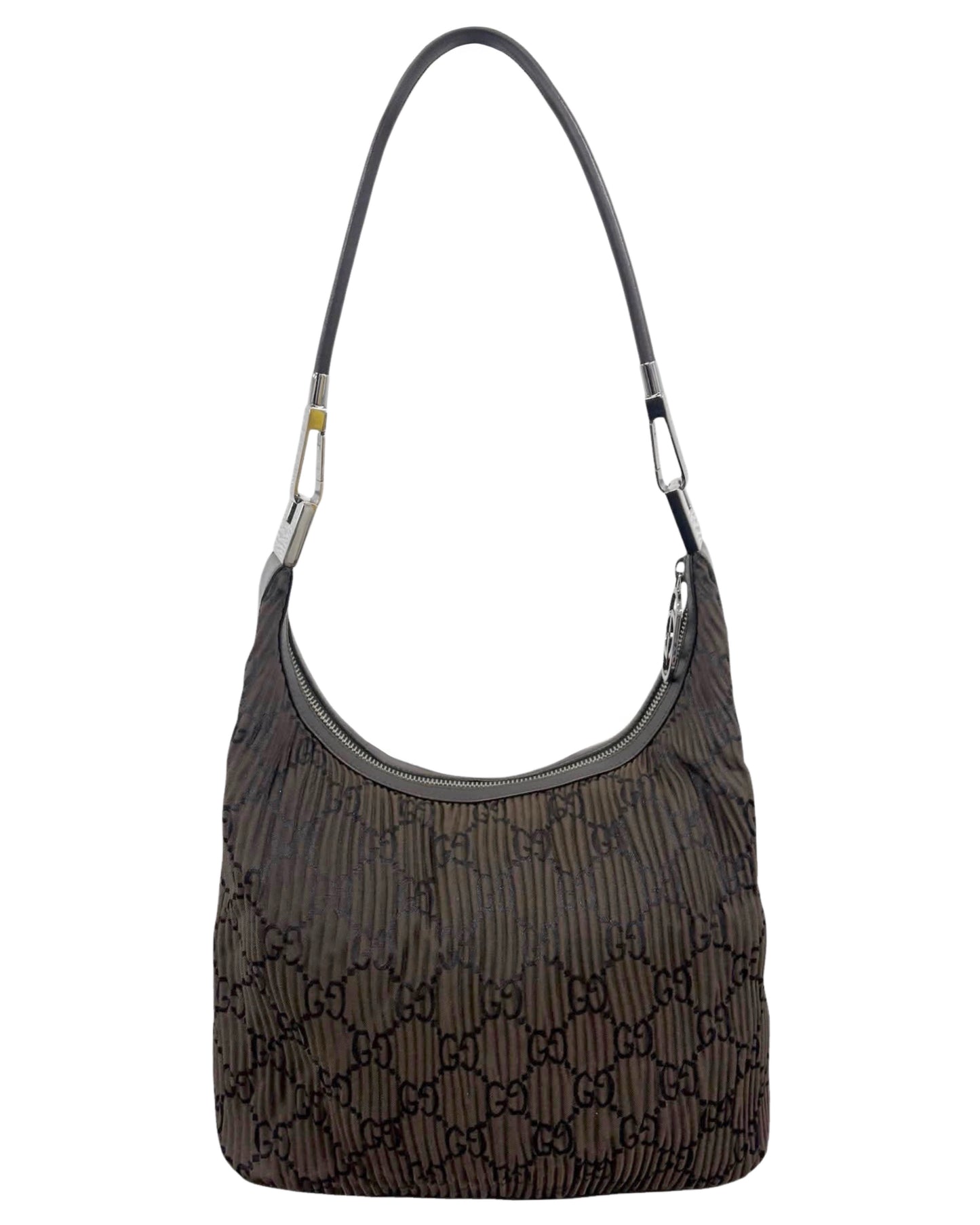 Gucci Vintage Dark Brown Satin Pleated GG Monogram Small Hobo Shoulder Bag