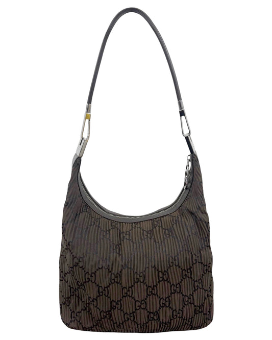 Gucci Vintage Dark Brown Satin Pleated GG Monogram Small Hobo Shoulder Bag