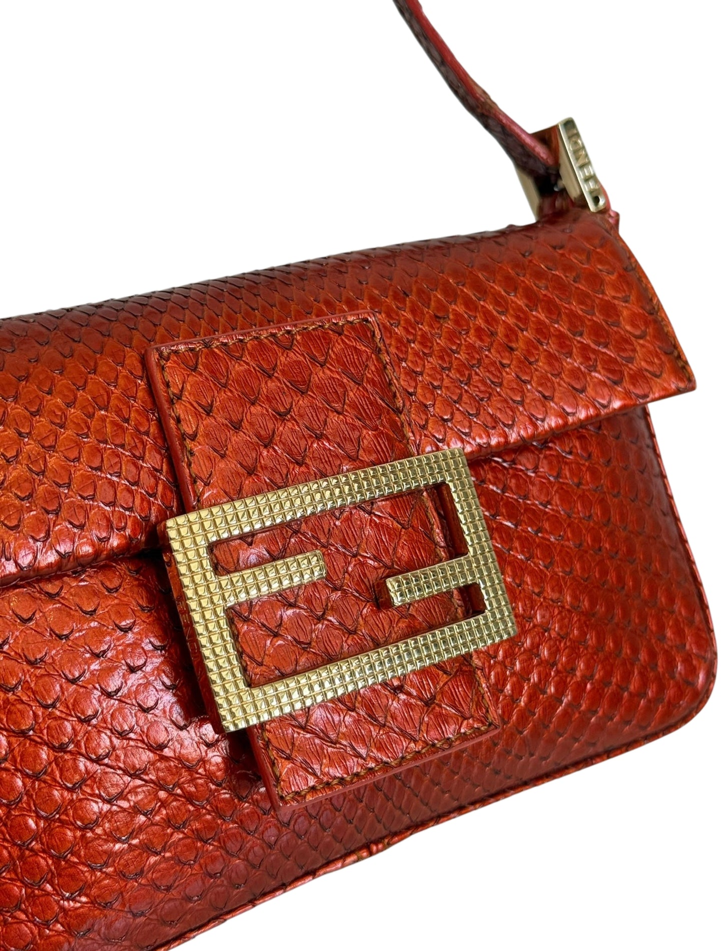 Fendi Vintage Burnt Orange Python Mini Baguette Shoulder Bag