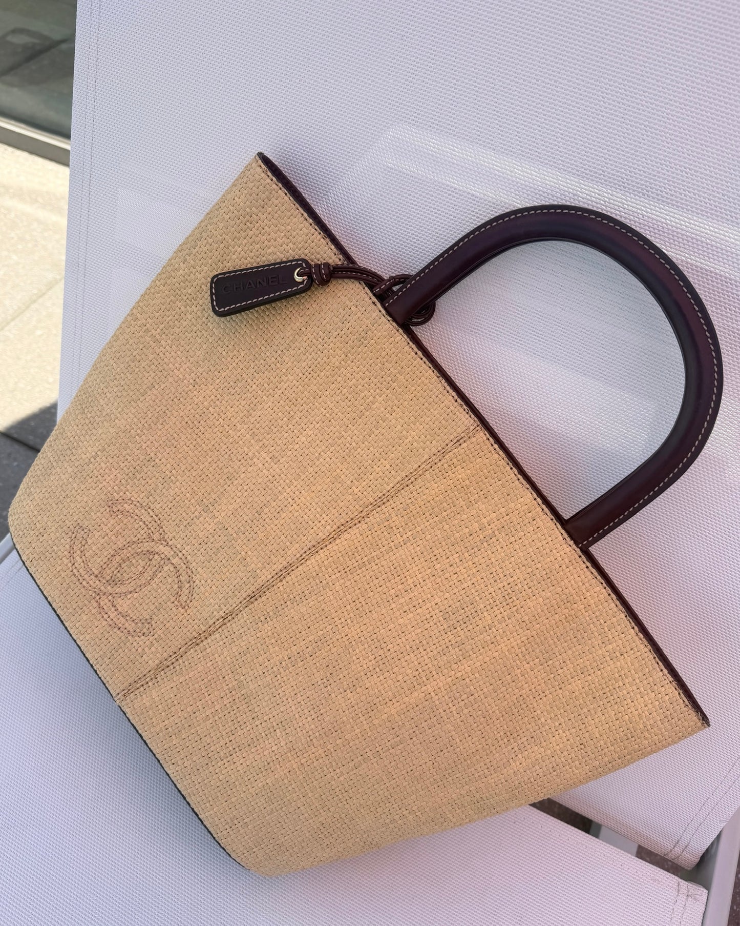 Chanel Vintage 90s Beige Raffia Brown Lambskin Top Handle Tote Bag 