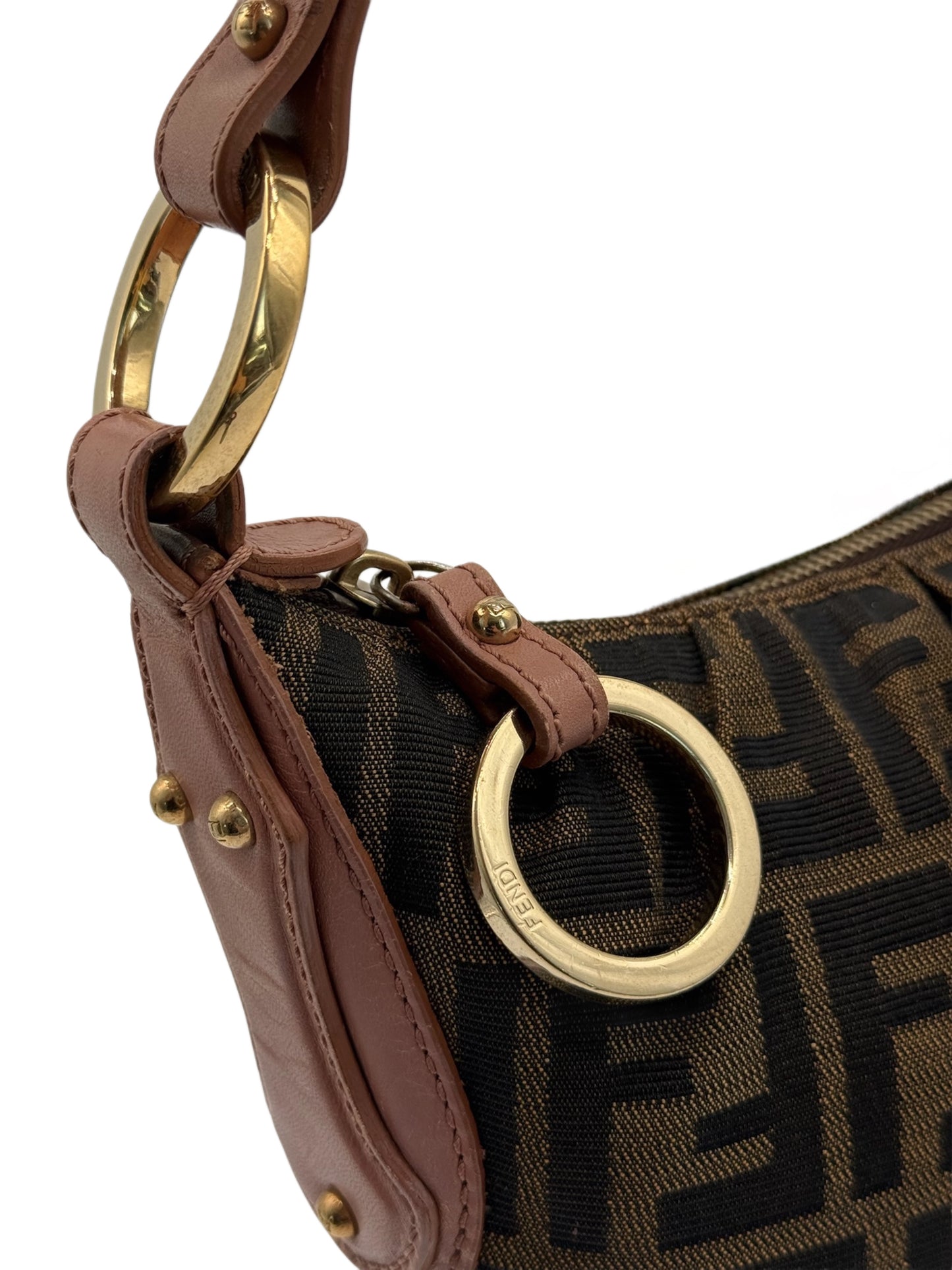 Fendi Vintage Brown Zucca Monogram O Ring Large Pochette Shoulder Bag w Mauve Pink Leather Trim