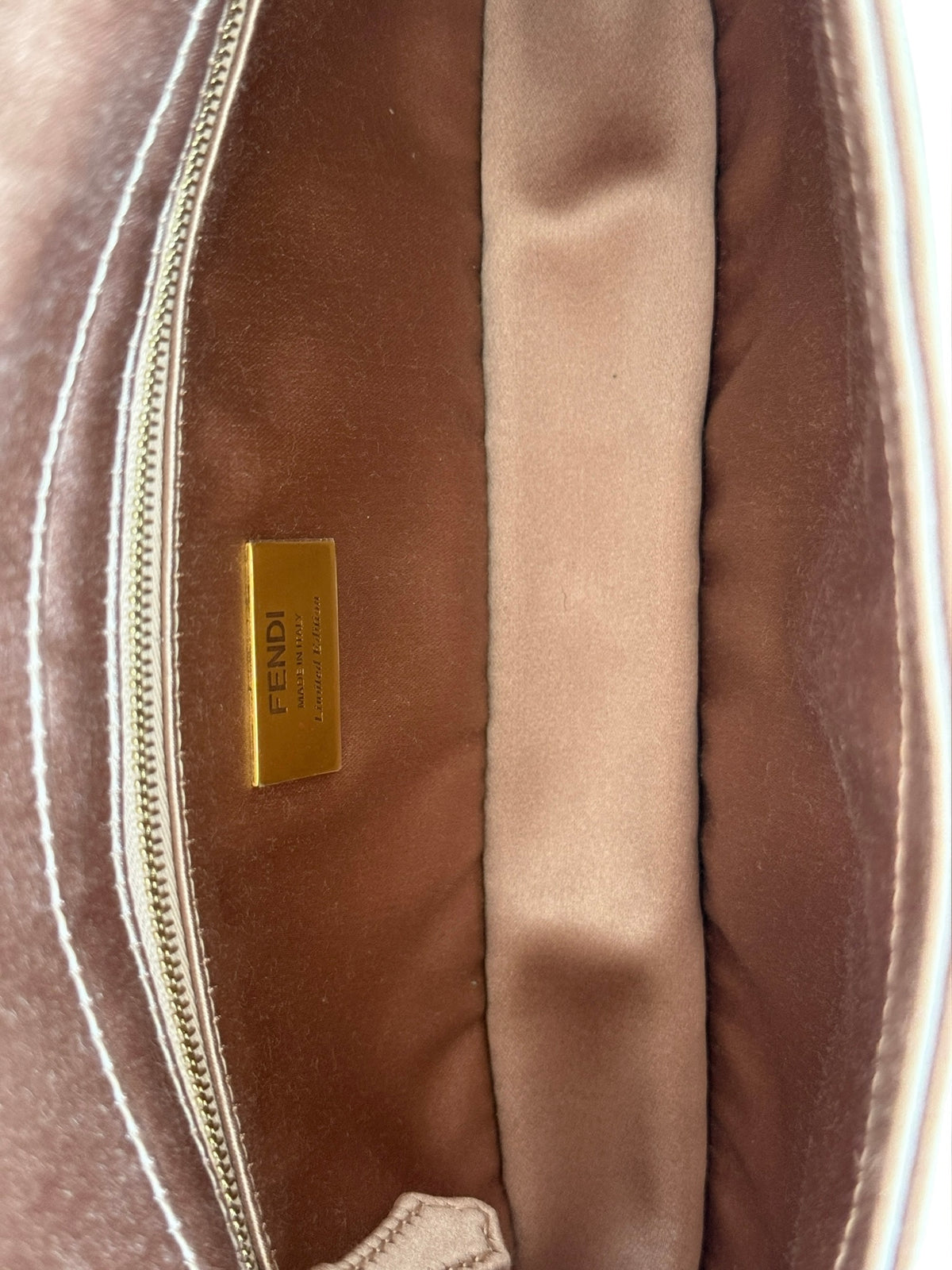 Fendi 1997 Re-Edition 25 Year Anniversary Blush Pink Embroidered Silk Logo Pearl Trim Shoulder Baguette Bag with Velour Trim