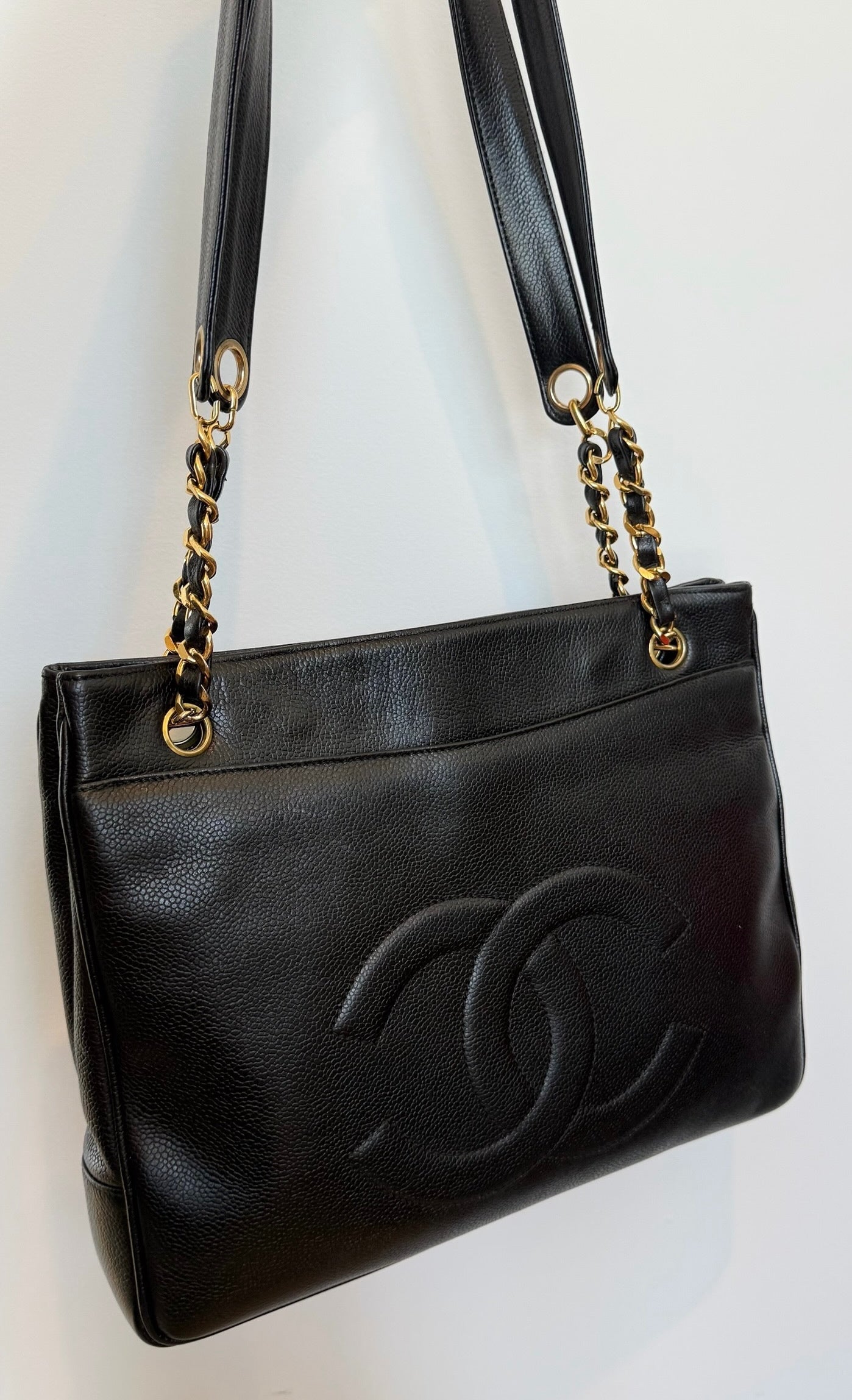 Chanel Vintage Black Caviar CC Logo Small Shoulder Drop Tote - Repainted