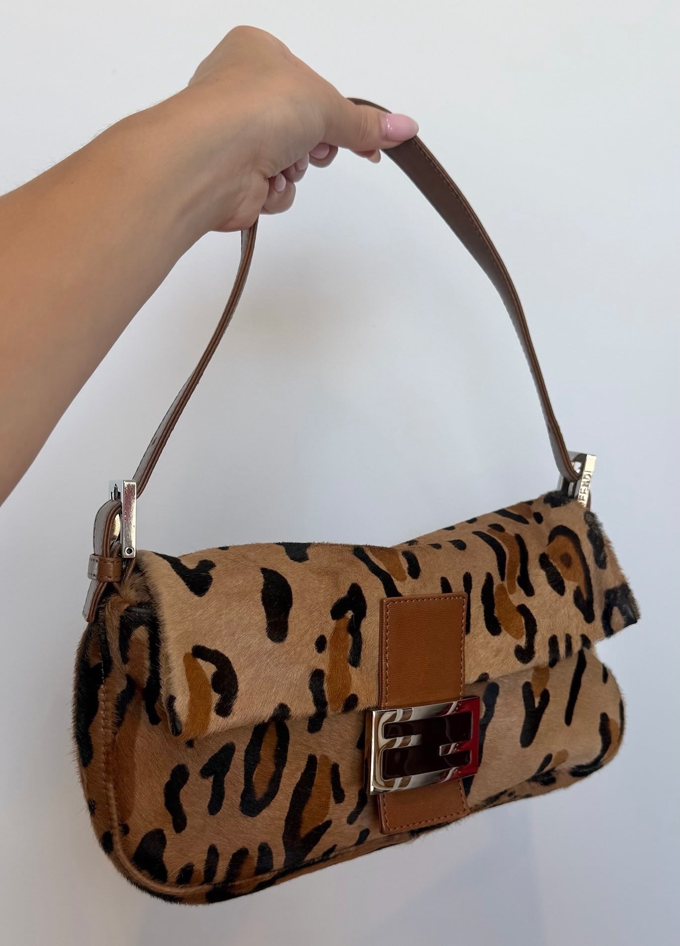 Fendi Vintage Beige Leopard Print Pony Hair Shoulder Baguette Bag