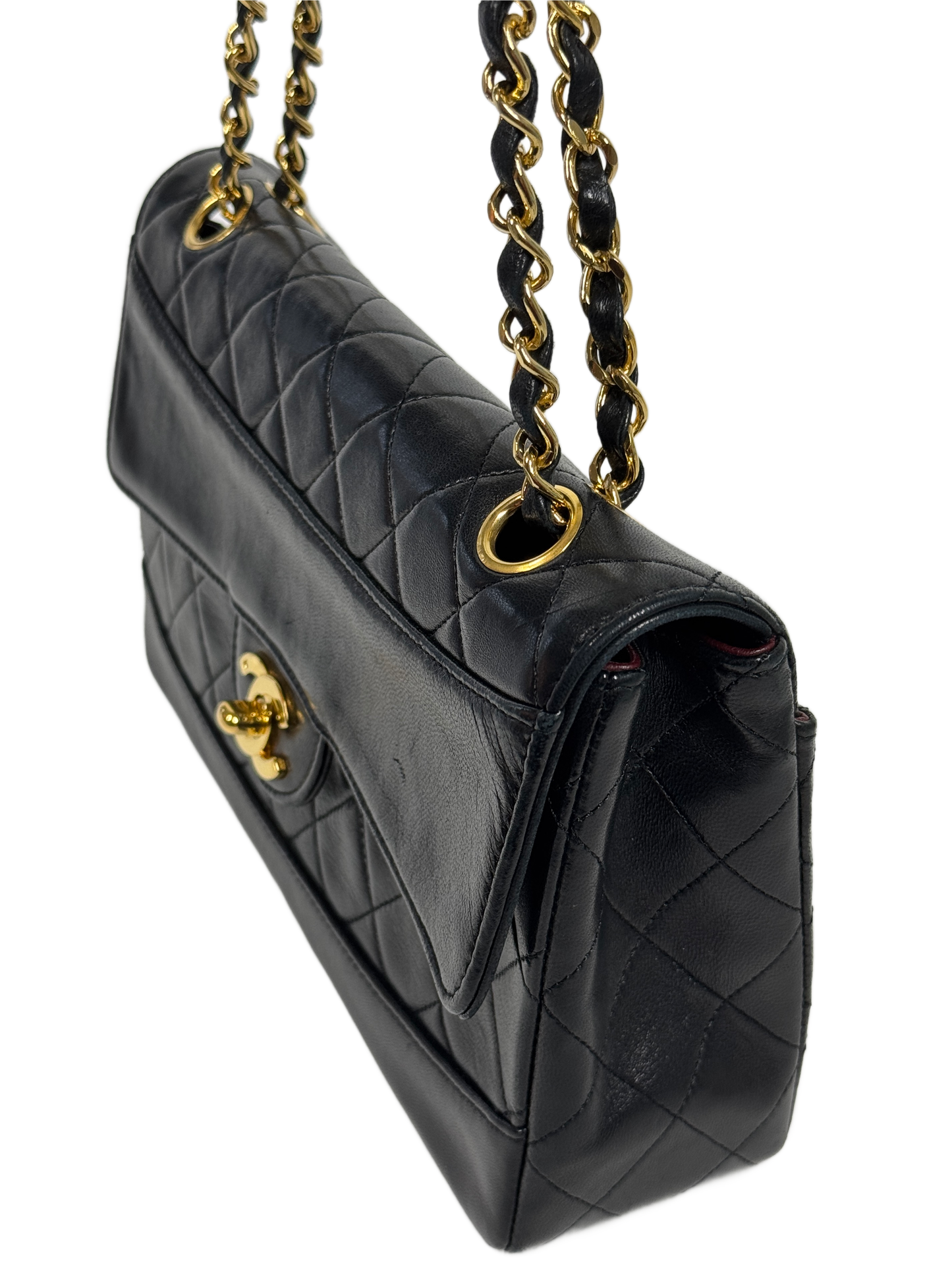 Chanel Vintage 80s/90s Black Quilted Lambskin Medium Classic Flap Bag with Pouch w 24K Gold Plated Hardware