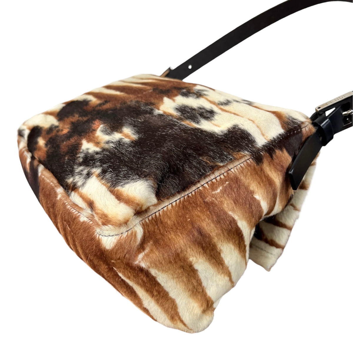 Fendi Vintage Ivory & Brown Animal Print Pony Hair Mamma Shoulder Baguette Bag