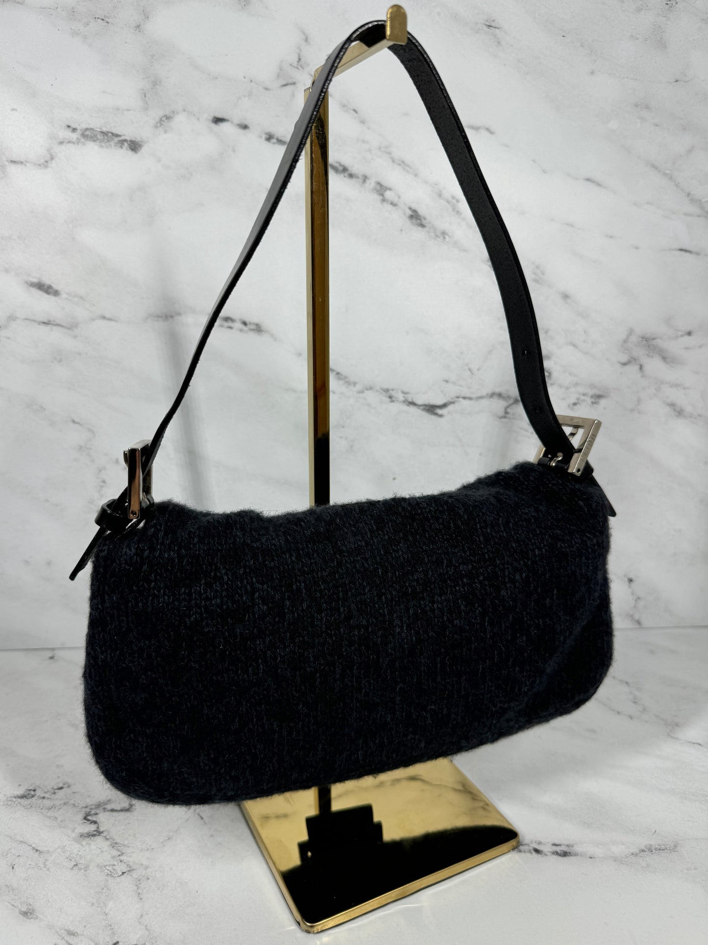 Fendi Vintage Dark Gray & Black Wool Knit Baguette Shoulder Bag