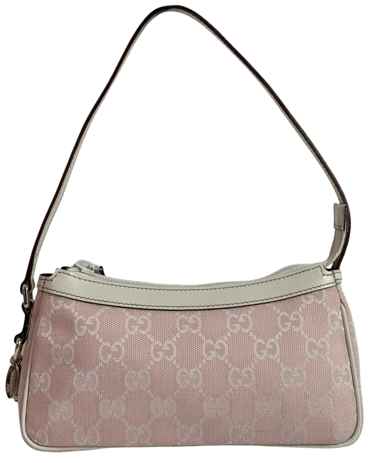 Gucci Vintage Baby Pink GG Monogram Canvas Ivory Leather Trim Mini Charmy Shoulder Pochette Bag