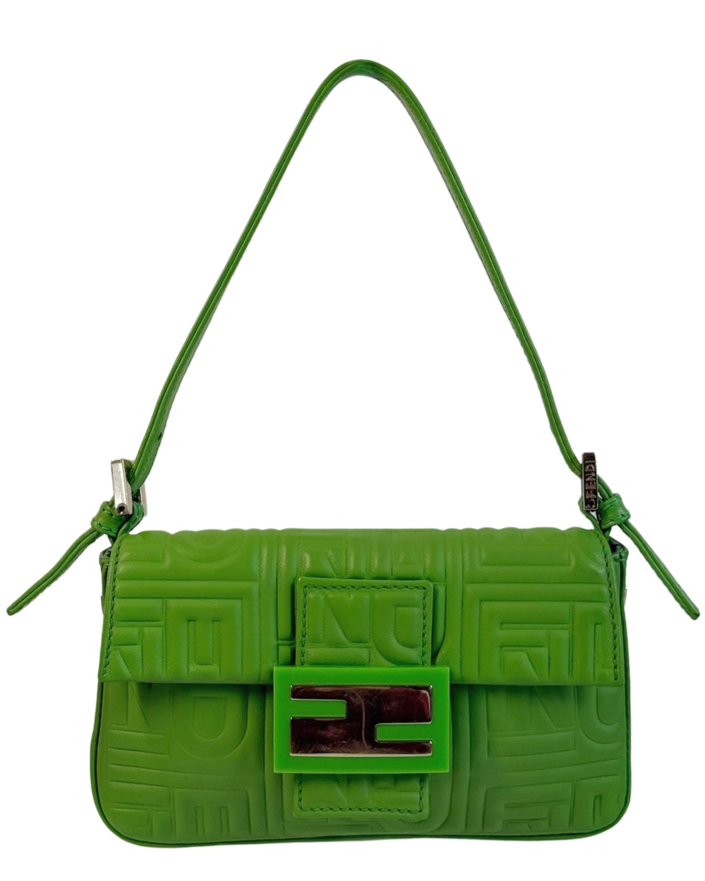 Fendi Vintage Green Nappa Embossed Logo Leather Shoulder Mini Baguette Shoulder Bag