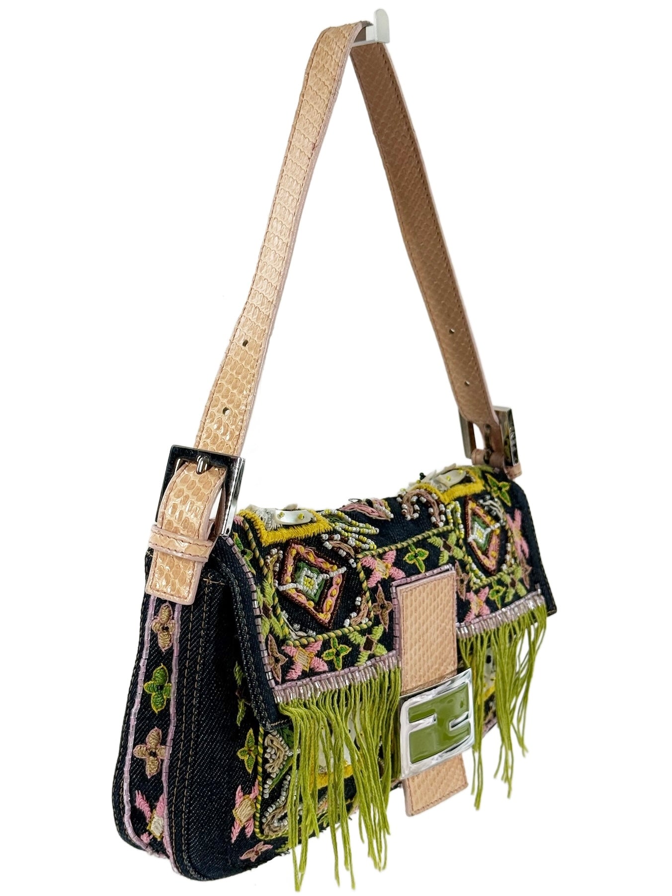 Fendi Vintage Blue Denim Pink Lizard Trim Green Fringe Beaded Embroidered Shoulder Baguette Bag