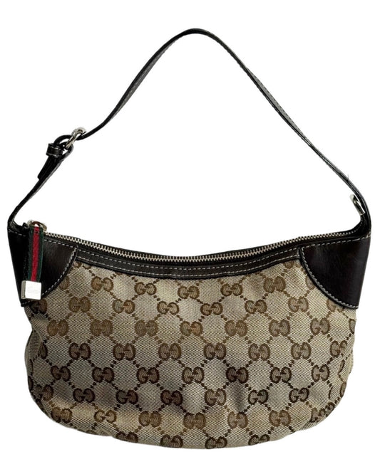 Gucci Vintage Brown GG Monogram Brown Leather Trim Webb Stripe Pull Ruffle Small Pochette Bag