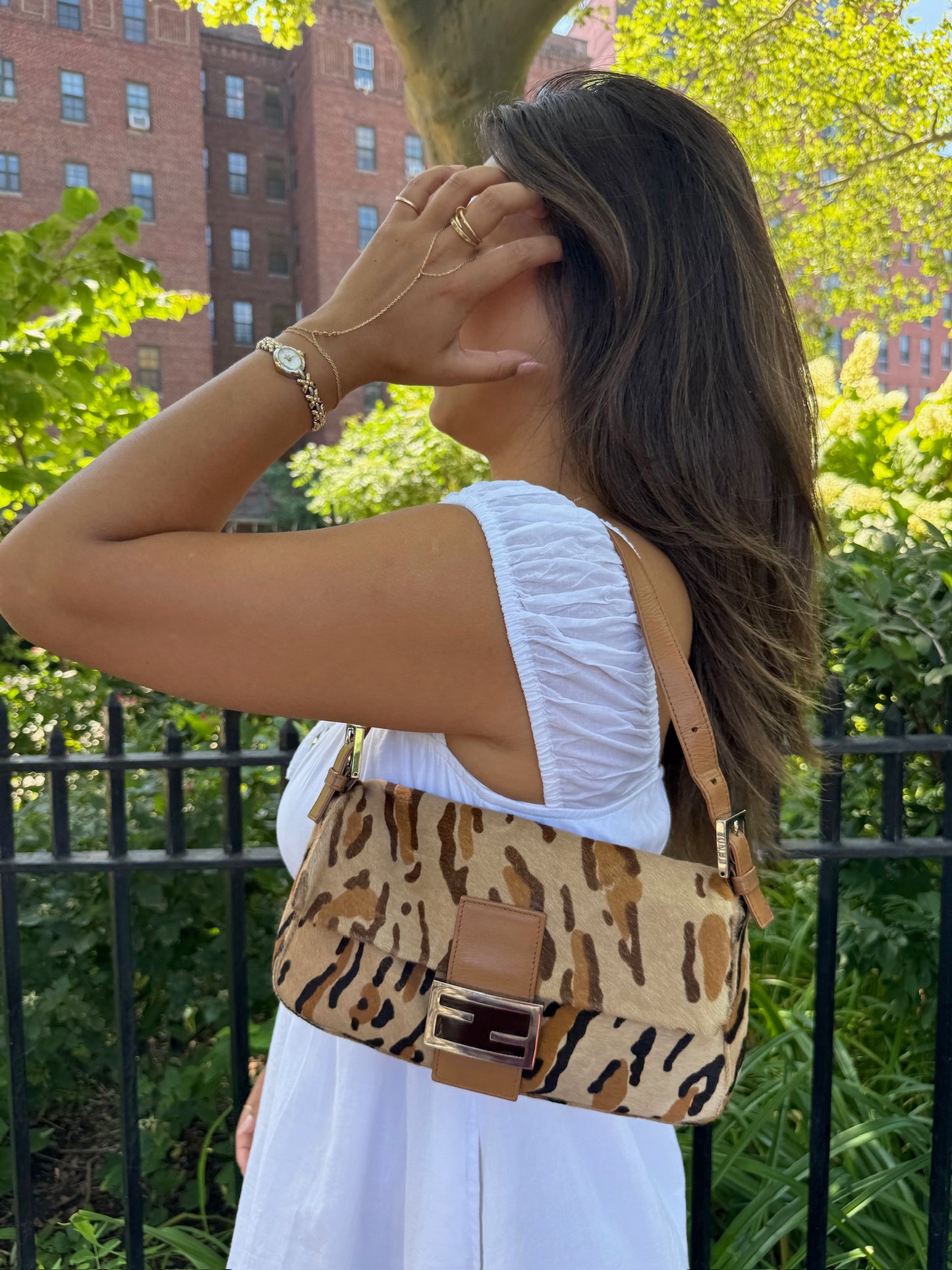 Fendi Vintage Beige Brown Leopard Print Pony Hair Shoulder Baguette Bag